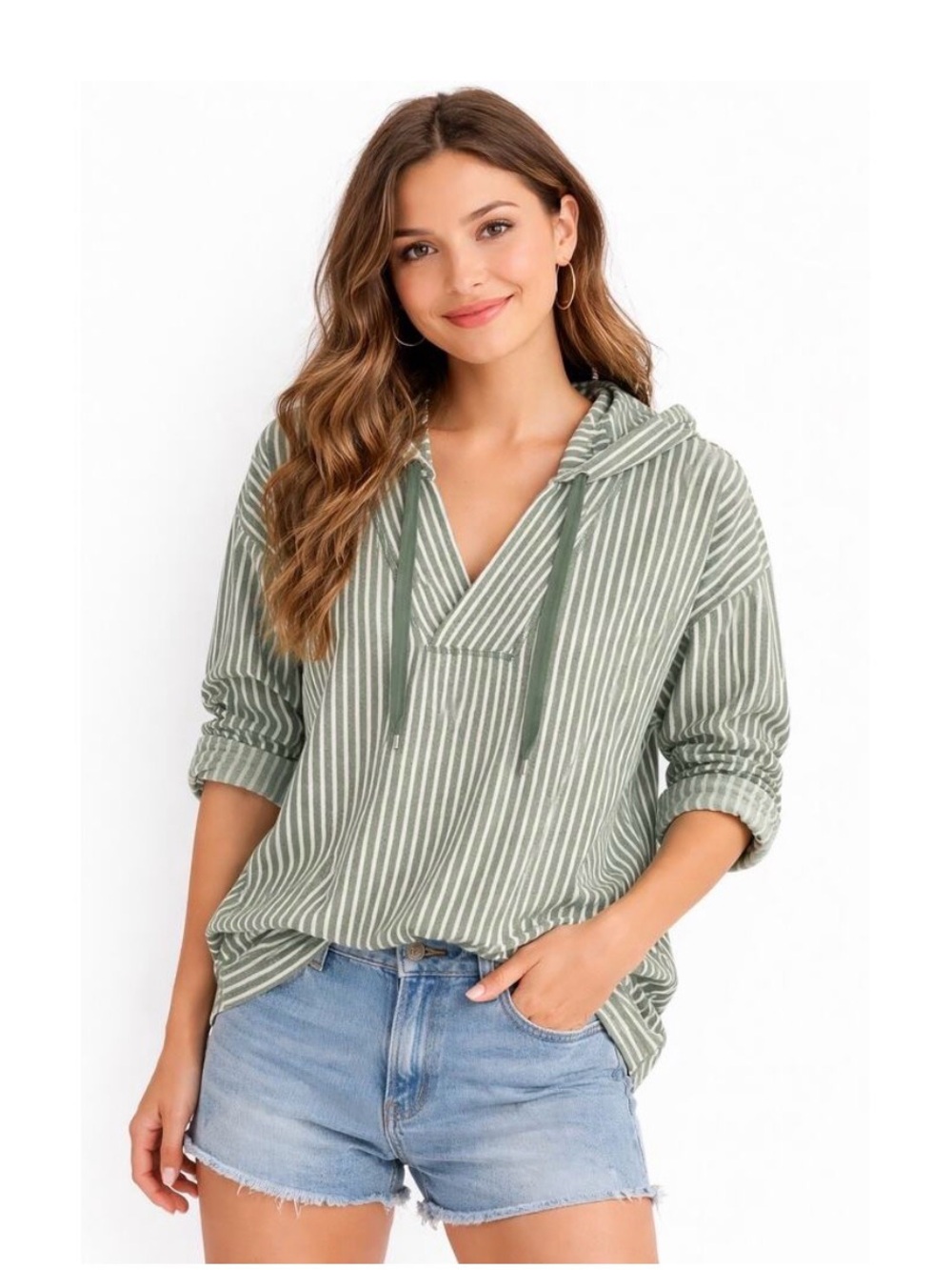 PILCRO Anthropologie Green & White Wharfside Hoodie Top women’s XS like new